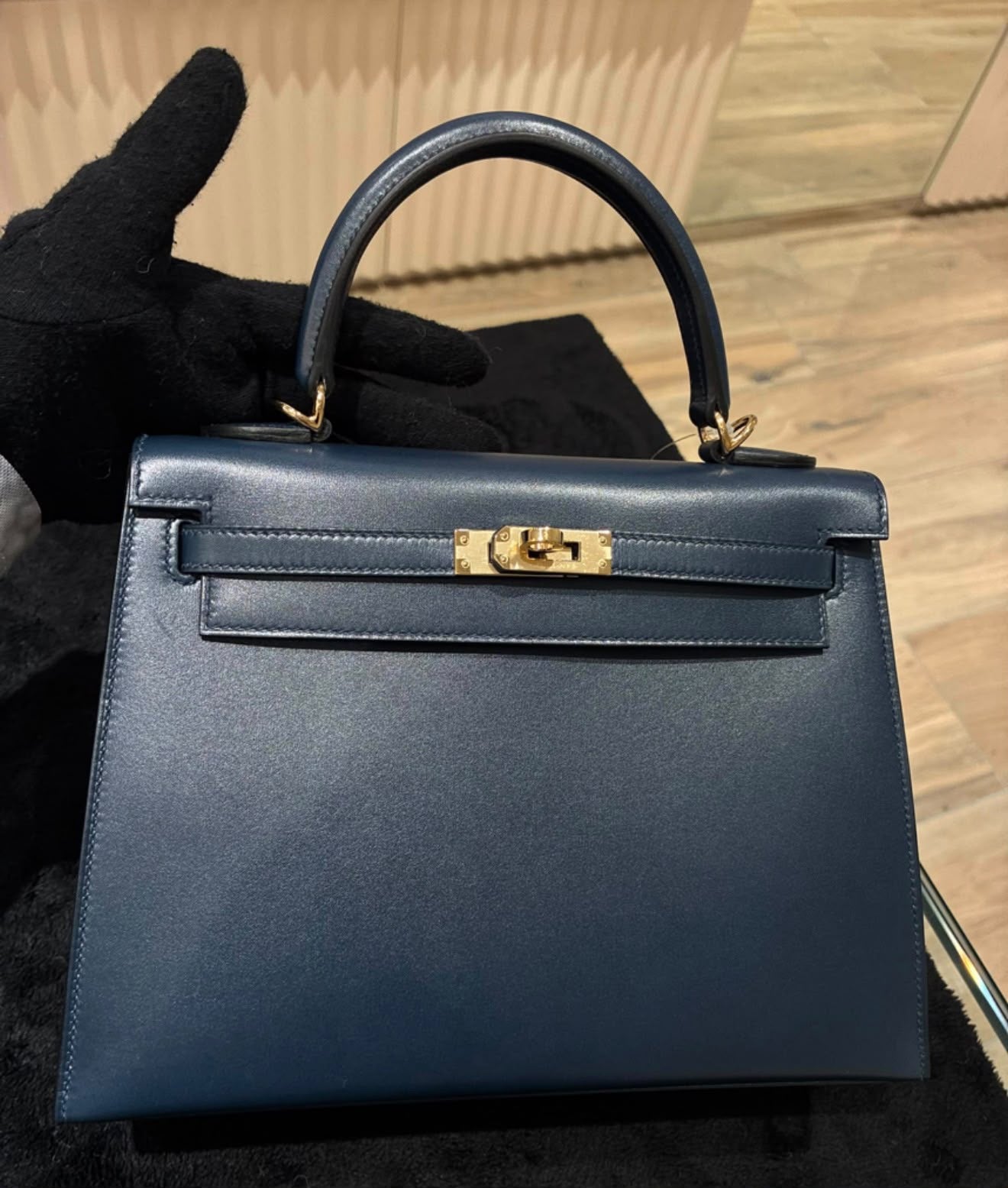 Hermes Kelly 25 Bleu Abysse Tadelakt Gold hardware