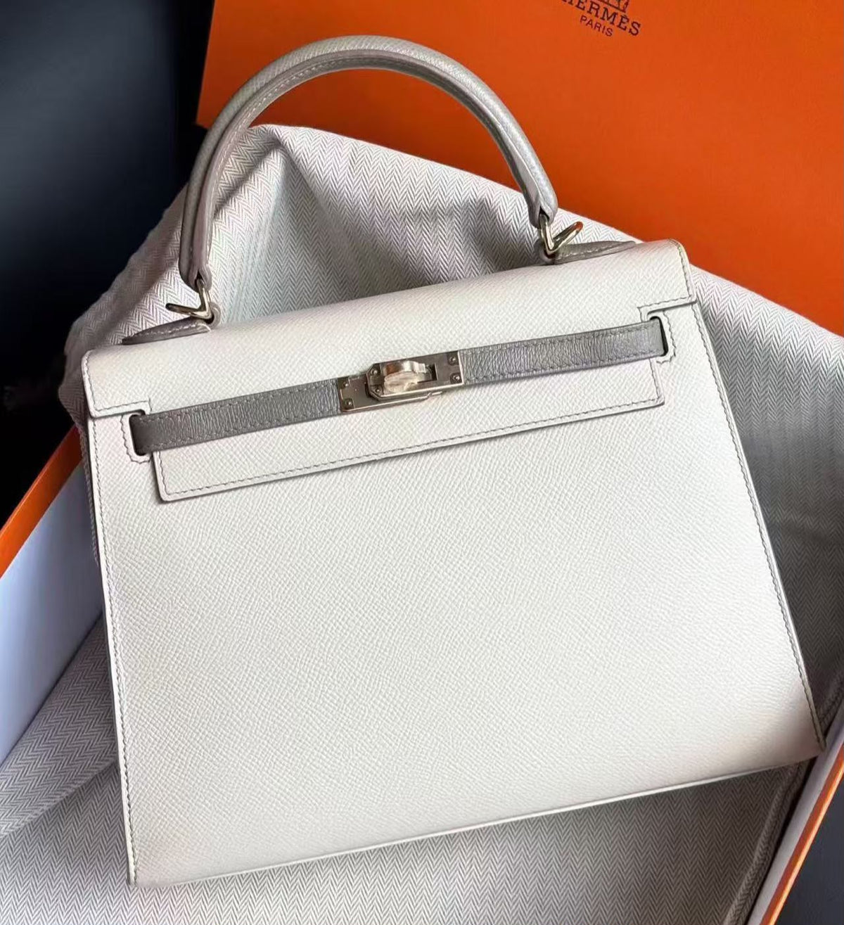 Hermes Kelly 25 HSS Craie x Gris asphalt Epsom gold hardware