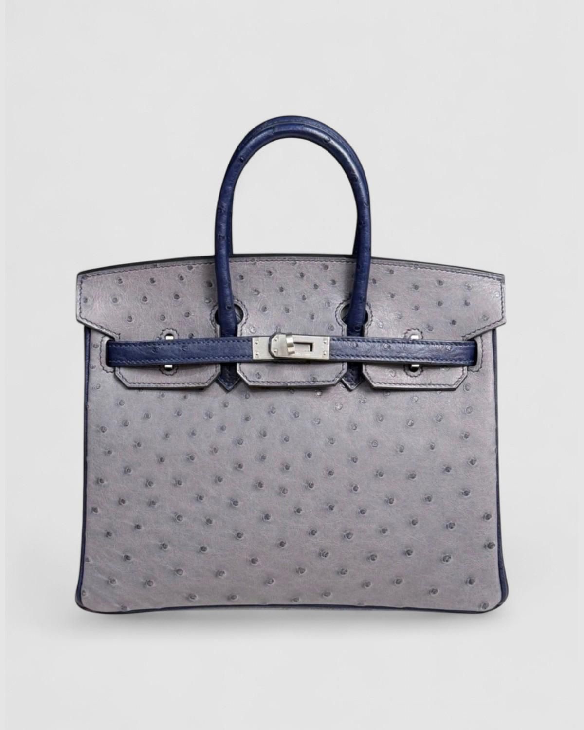 Hermes Birkin 25 HSS Gris Agate / Iris Ostrich Brushed palladium hardware