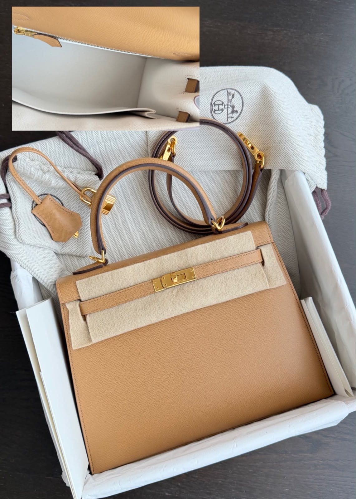 Hermes Kelly 25 Verso Biscuit / Blanc Madame Gold hardware