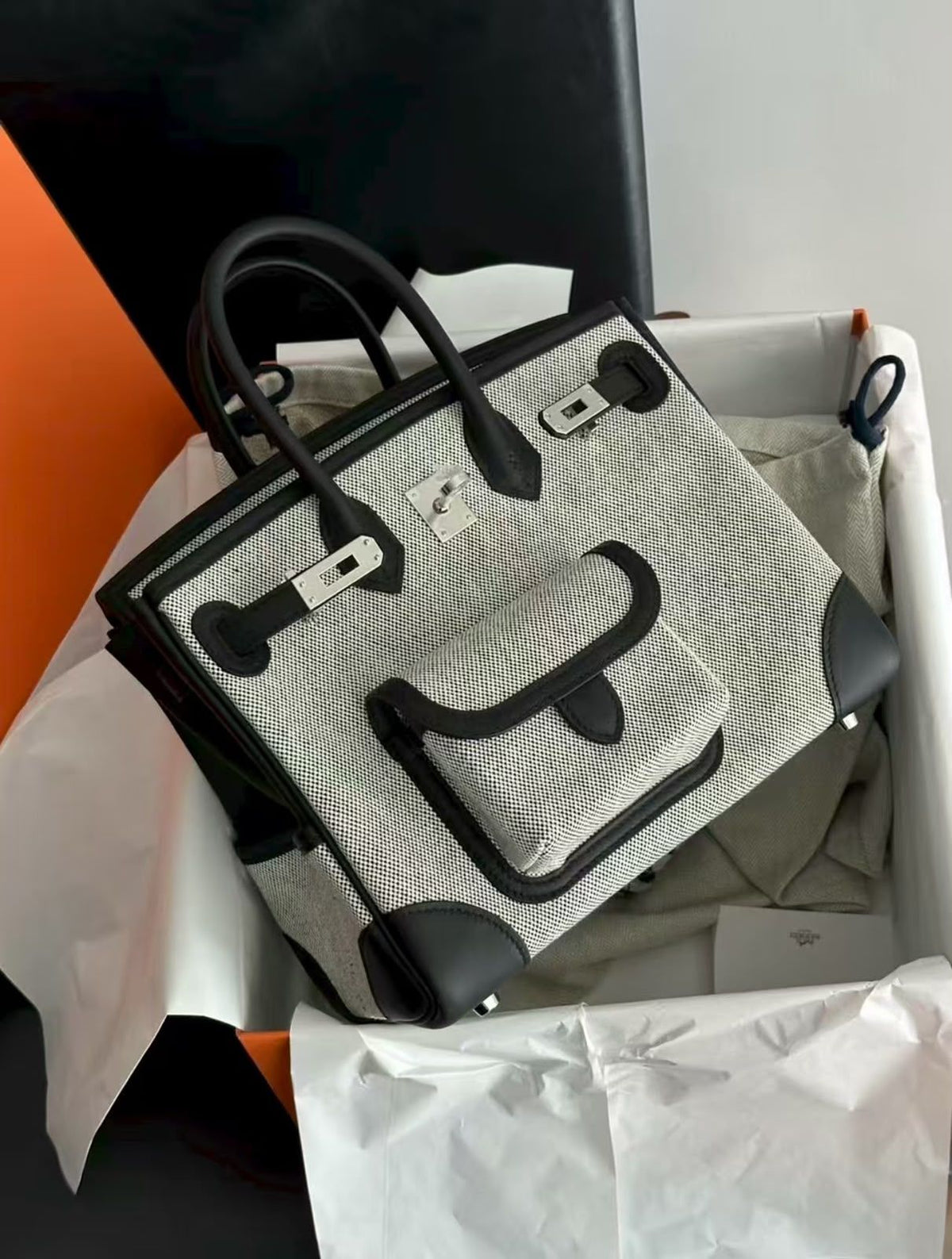 Hermes Birkin 25 Cargo Black Swift & Ecru Toile Palladium hardware