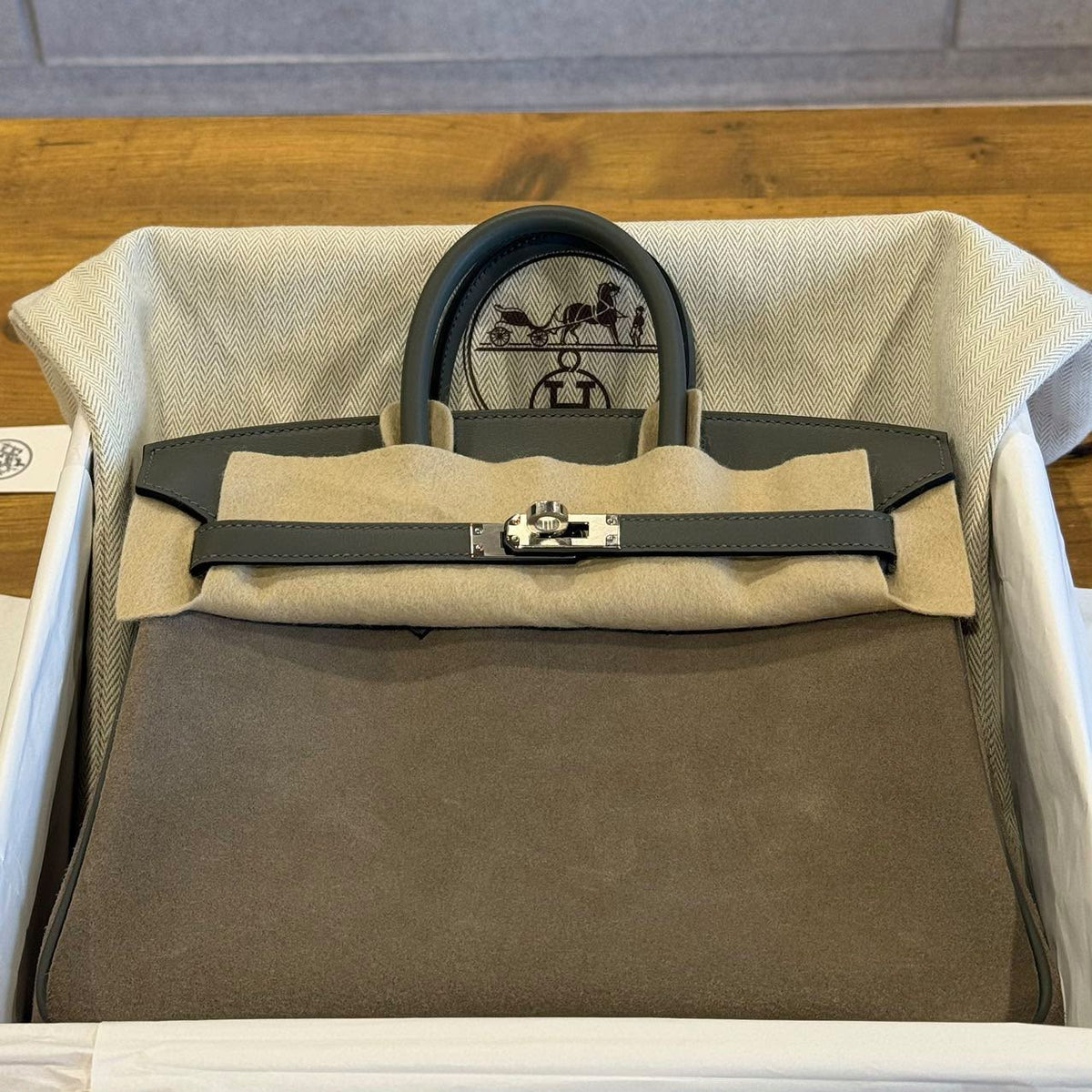 Hermes Birkin 25 Vert Mangrove Swift & Caillou Grizzly Palladium hardware