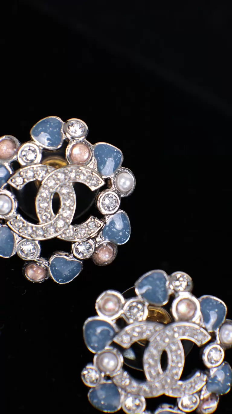 Chanel 25P Pink Blue Glass CC Flower Earrings