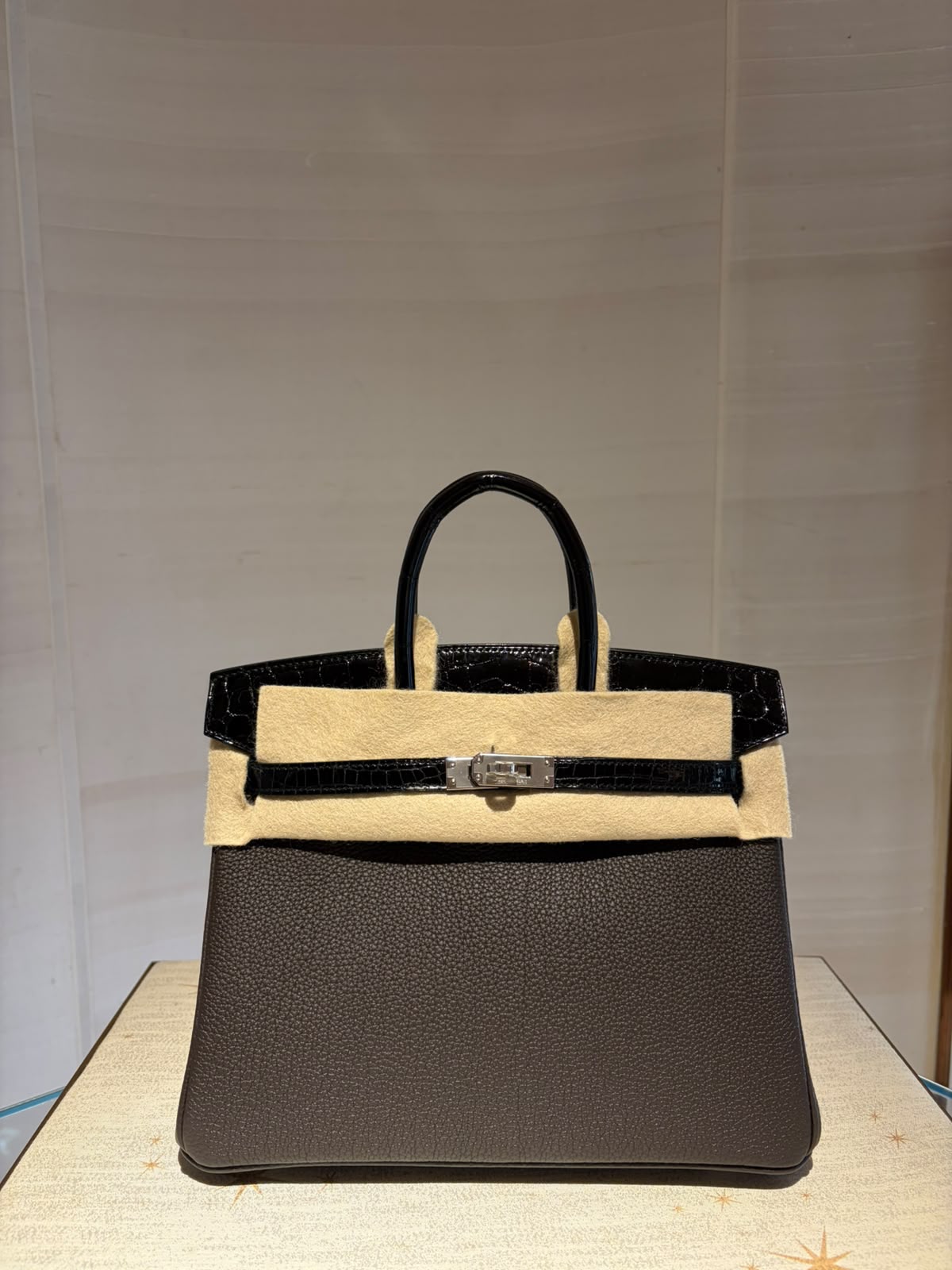 Hermes Birkin 25 Touch Bai Brun Togo & Black Shiny Alligator Palladium hardware