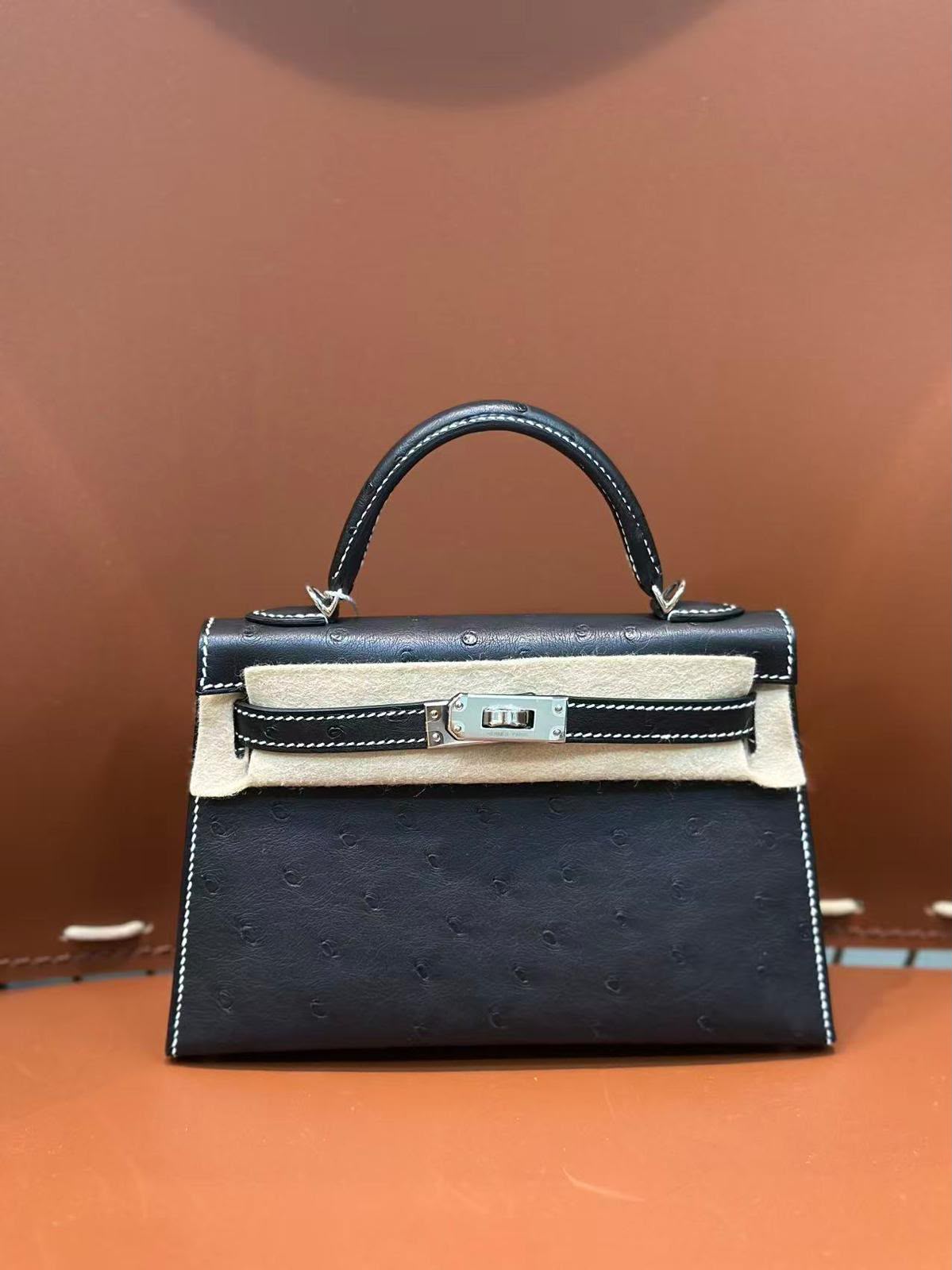Hermes Mini Kelly 20 HSS Black Ostrich palladium hardware