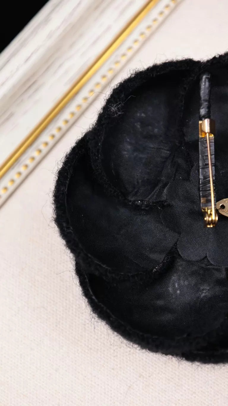 Chanel Black Wool Camellia Brooch
