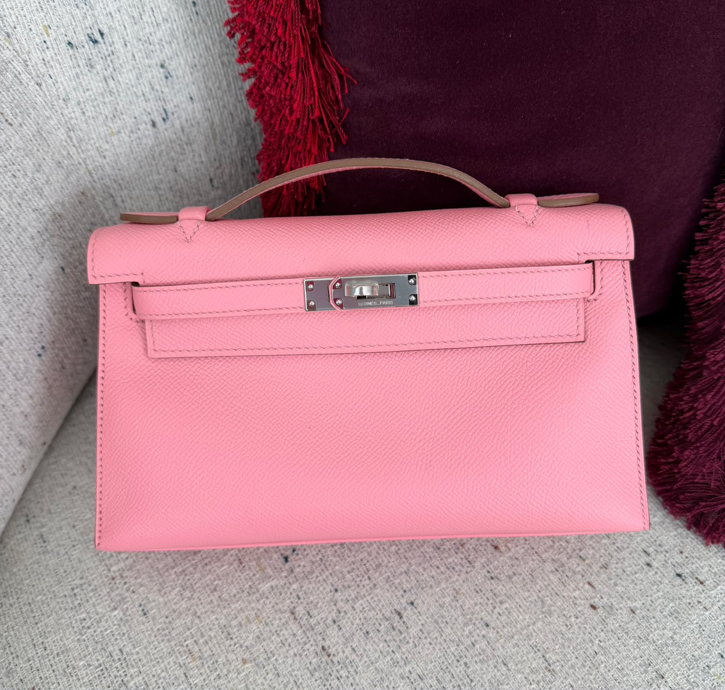 Hermes Kelly pochette rose confetti Epsom palladium hardware