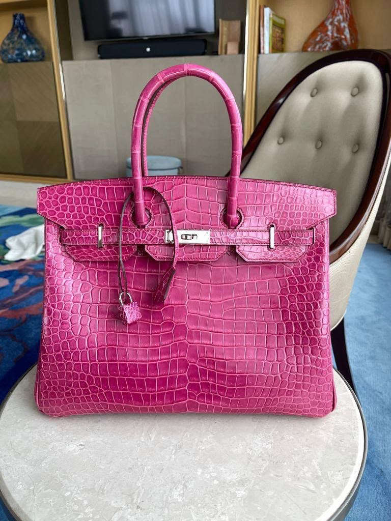 Hermes Birkin 35 Fuchsia Shiny Porosus Palladium hardware