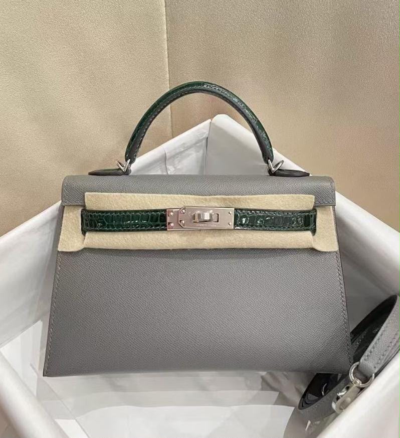 Hermes Mini Kelly 20 Touch Gris Meyer Madame & Vert Fonce Shiny Alligator Palladium hardware