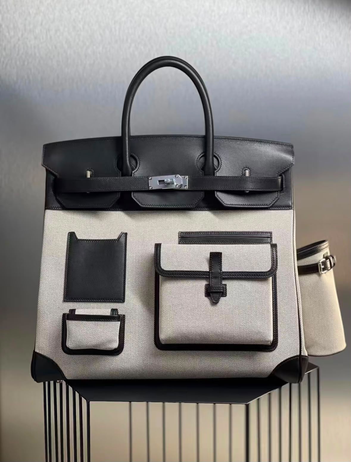 Hermes HAC 40 Panda Black Swift & Ecru Toile Palladium hardware