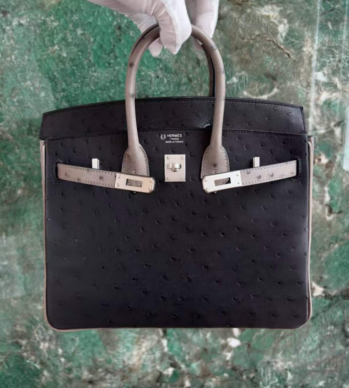 Hermes Birkin 25 HSS black x Gris T ostrich brushed Palladium hardware