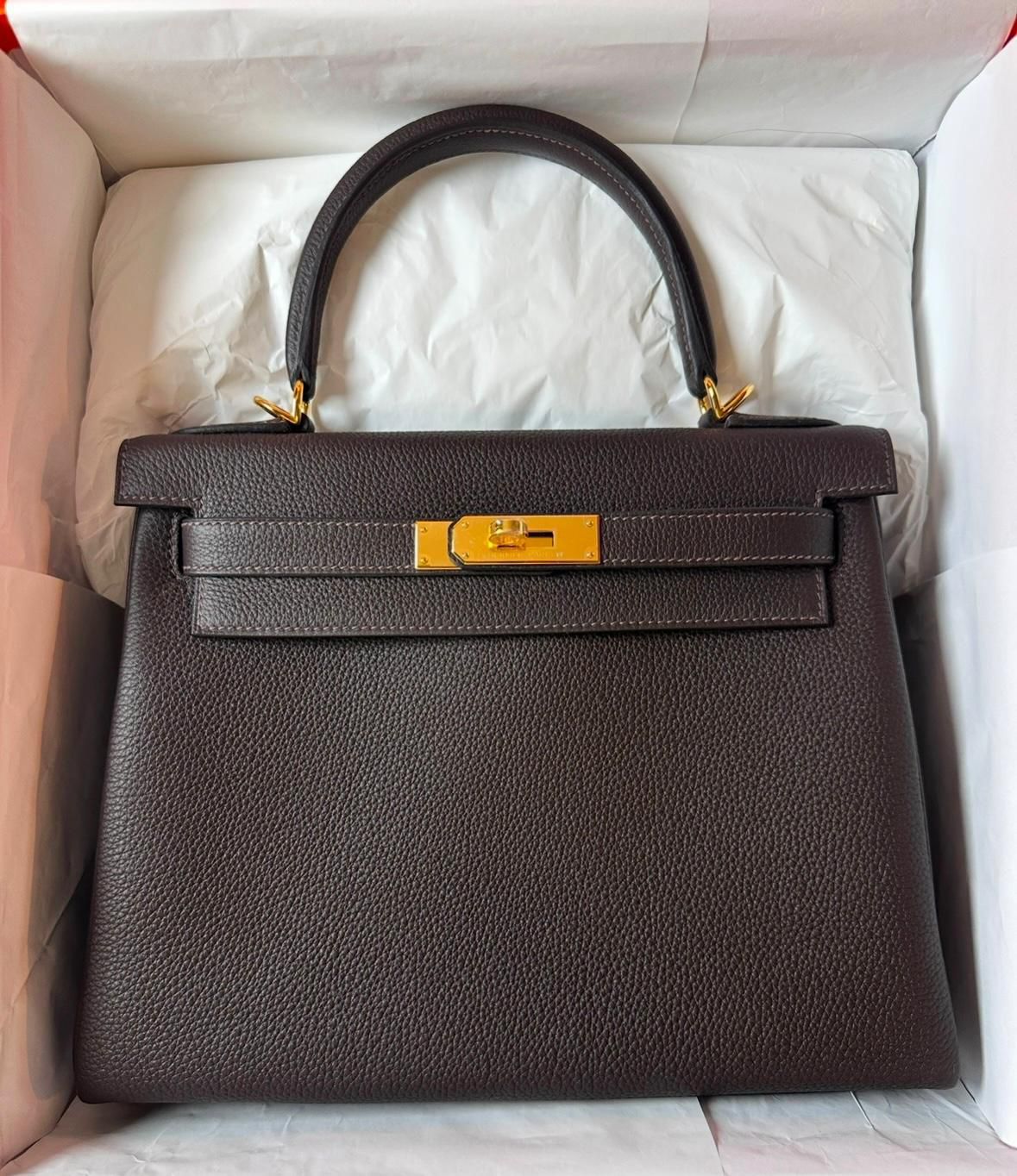Hermes Kelly 28 Bai Brun Togo Gold hardware