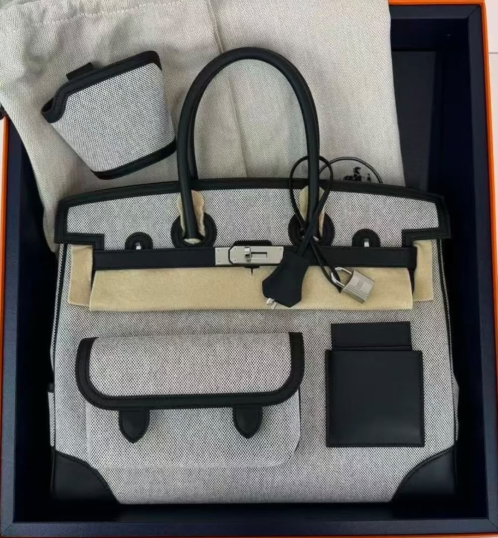 Hermes Birkin 35 Cargo Black Swift & Ecru Toile Palladium hardware