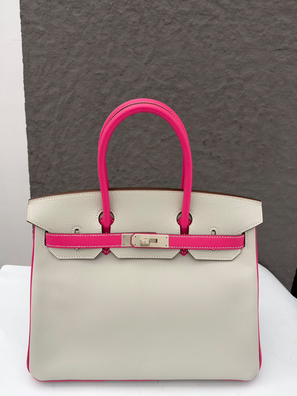 Hermes Birkin 30 HSS Gris Perle / Rose Tyrien Chevre Brushed palladium hardware