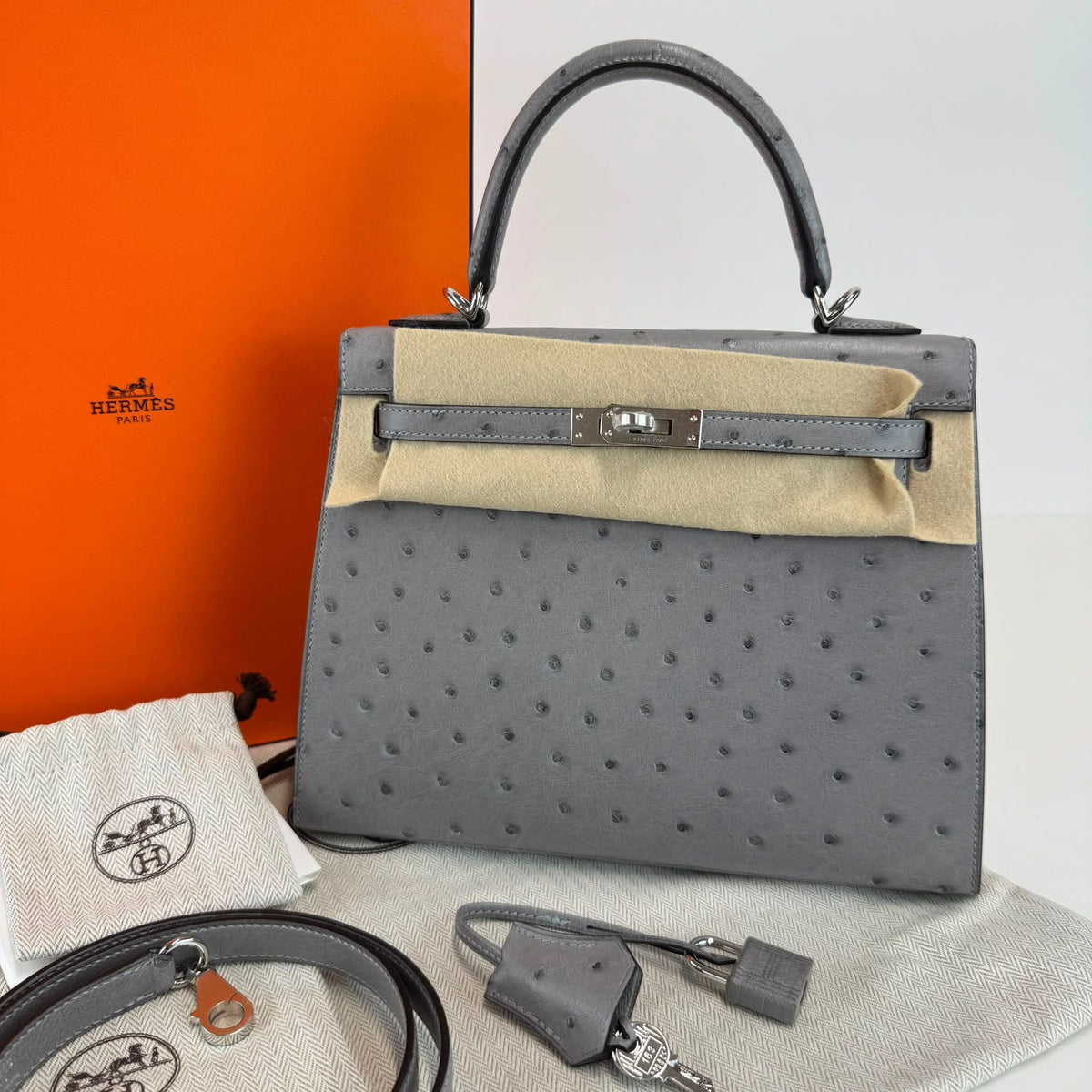 Hermes Kelly 25 Gris Mouette Ostrich Palladium hardware