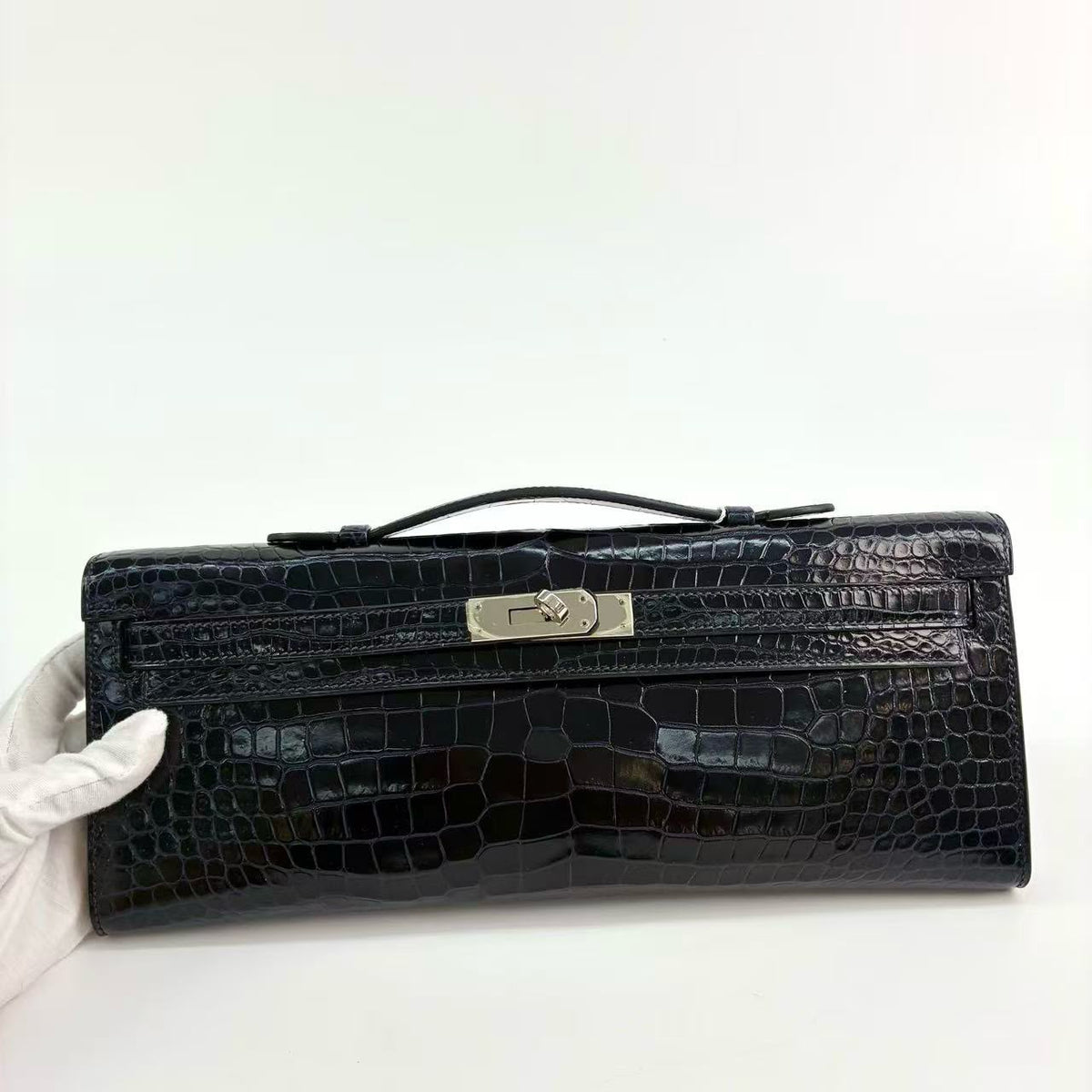 Hermes Kelly cut Bleu Marine Shiny Porosus palladium hardware
