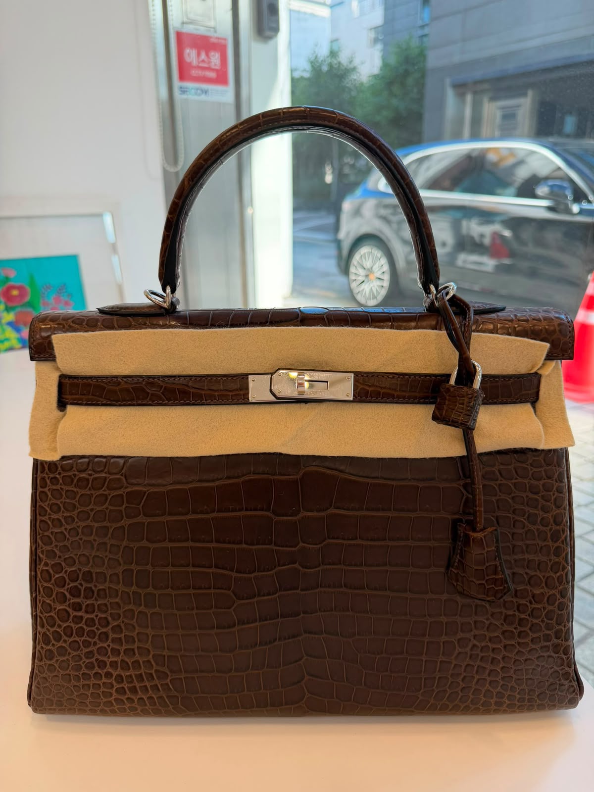 Hermes Kelly 35 Ebene Matte Alligator Palladium hardware