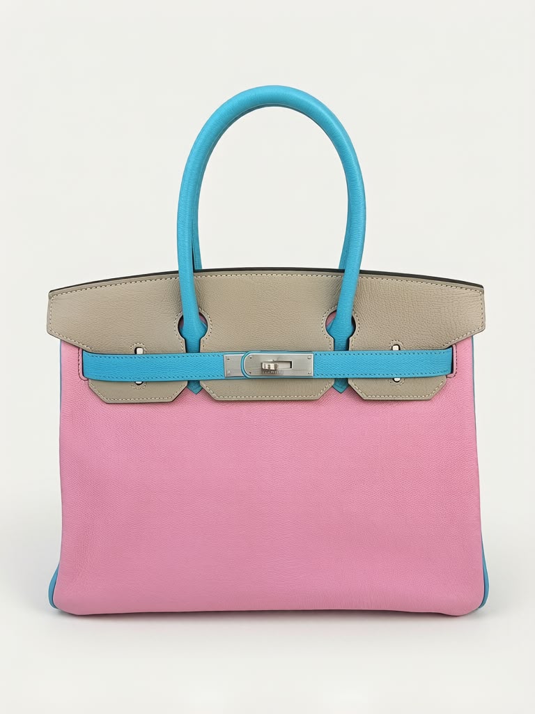 Hermes Birkin 30 Bubblegum / Gris Tourterelle / Bleu Azteque Chevre Brushed palladium hardware