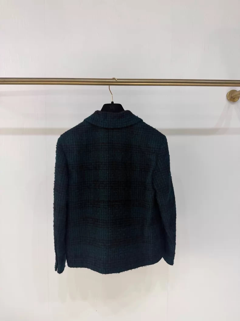 Chanel 24A dark green plaid enamel tweed jacket