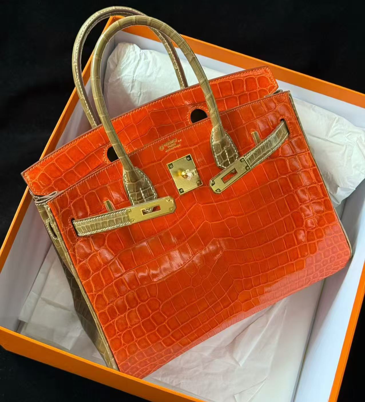 Hermes Birkin 30 Orange and Gris T shiny niloticus leather gold hardware