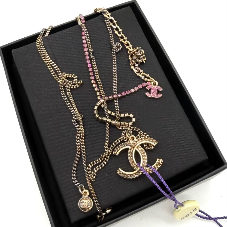 Chanel pink diamond multi-layered chain necklace
