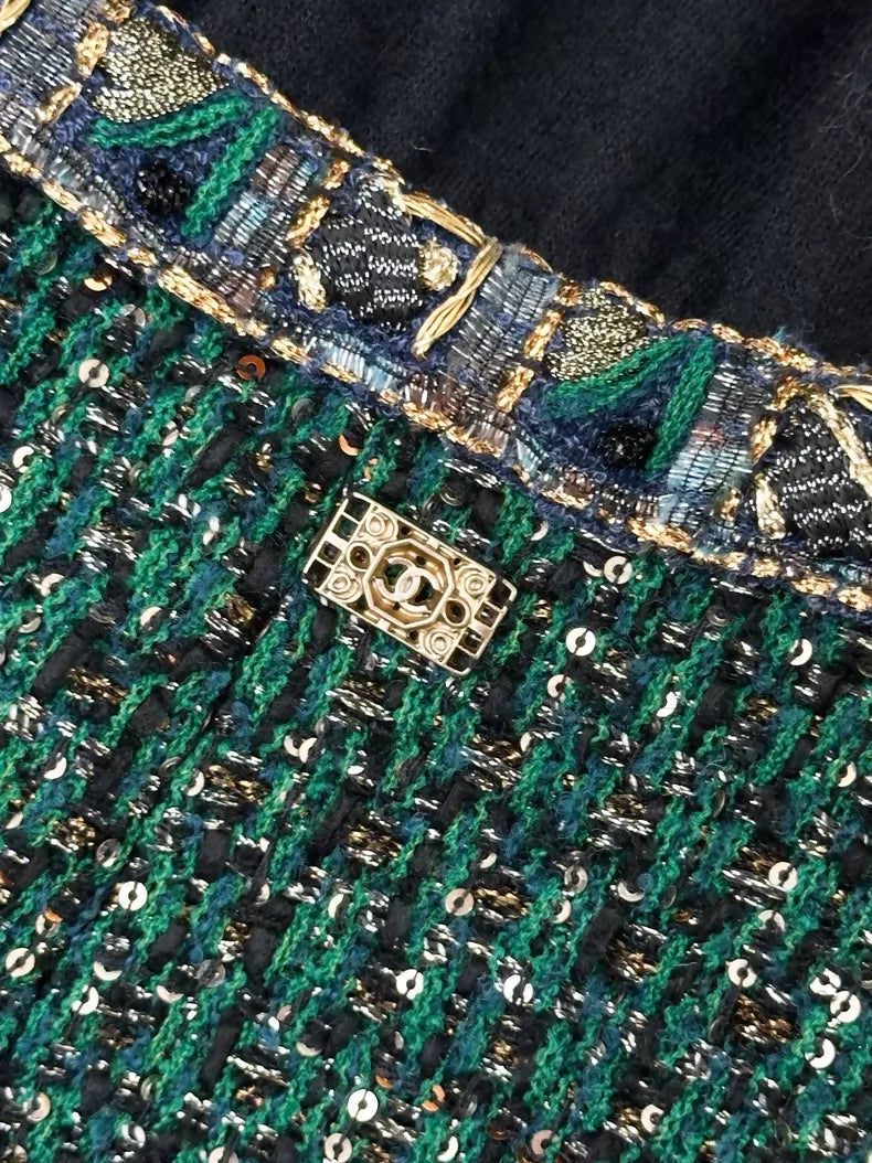 Chanel 11A green tweed with gold trim, turtleneck dress