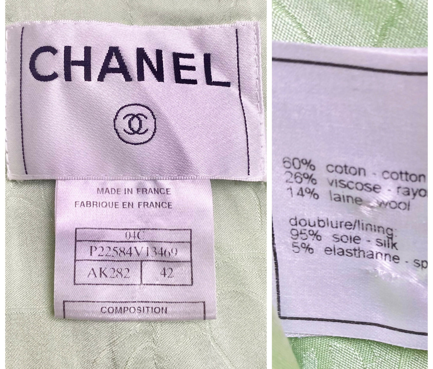 Chanel 04C Mint Green Tweed Boucle Zippered Appliqués Jacket FR 42