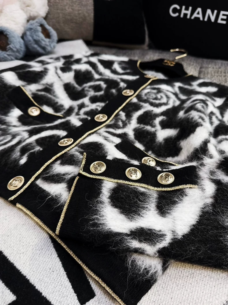 Chanel 20A Black and White Camellia Cardigan
