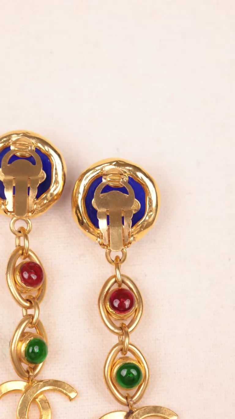 Chanel 1992 Blue Glass CC Pendant Long Clip-on Earring