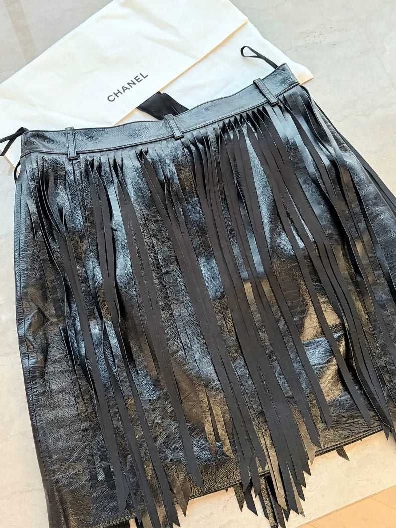 Chanel 22C Black Fringe Lambskin Skirt
