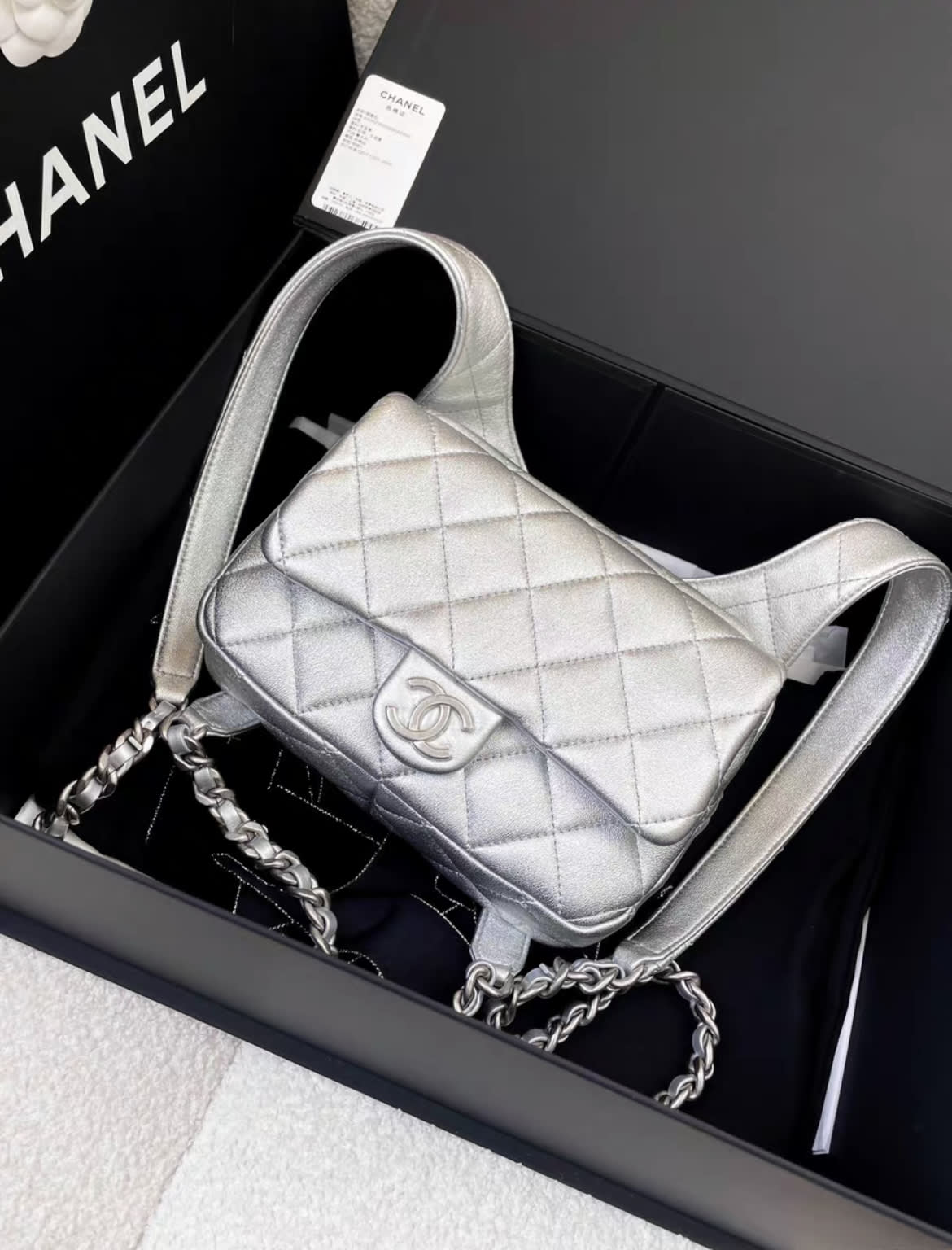 chanel 24c mini backpack Chanel 24C early spring vacation popular silver backpack