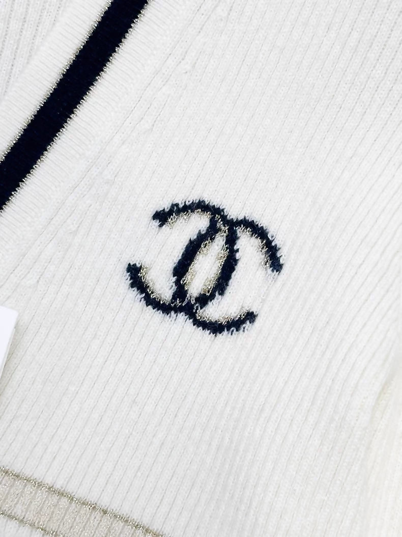 Chanel 22B cashmere black and white striped knit cardigan
