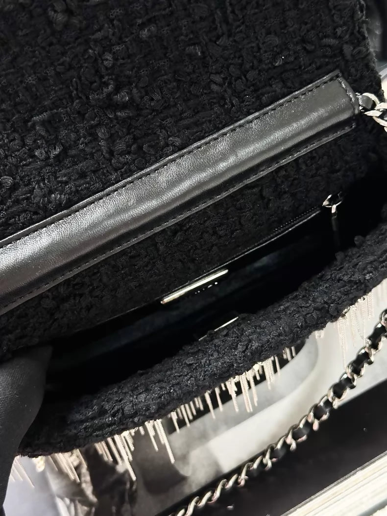 Chanel 23S black and silver tassel pearl leather tweed square flap bag