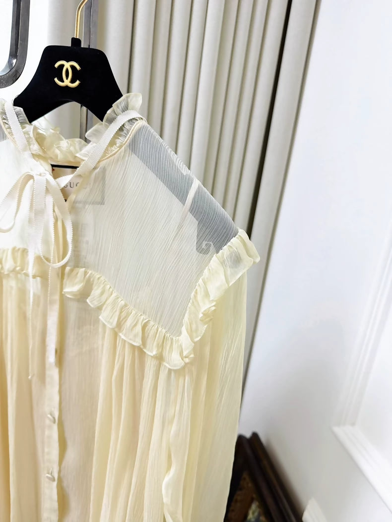 Gucci beige ruffled silk long-sleeved shirt