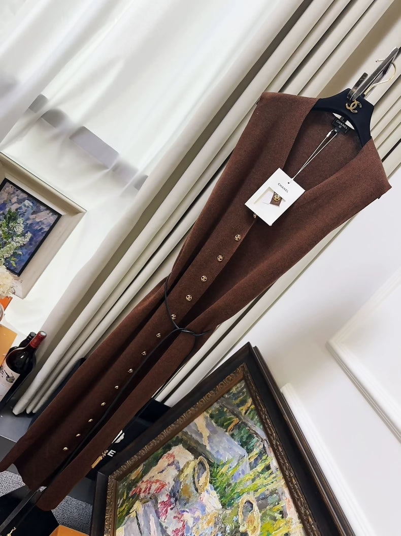 Chanel 26B brown dress with gold buttons and belt