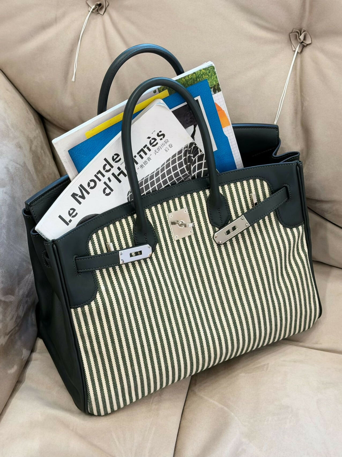Hermès Birkin 35 Vert Anglais Striped Officier Canvas & Leather with Palladium Hardware