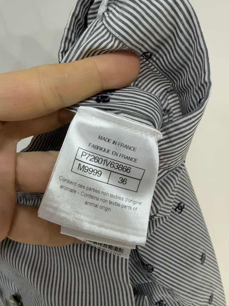 Chanel 22S grey polka dot print striped logo midi skirt