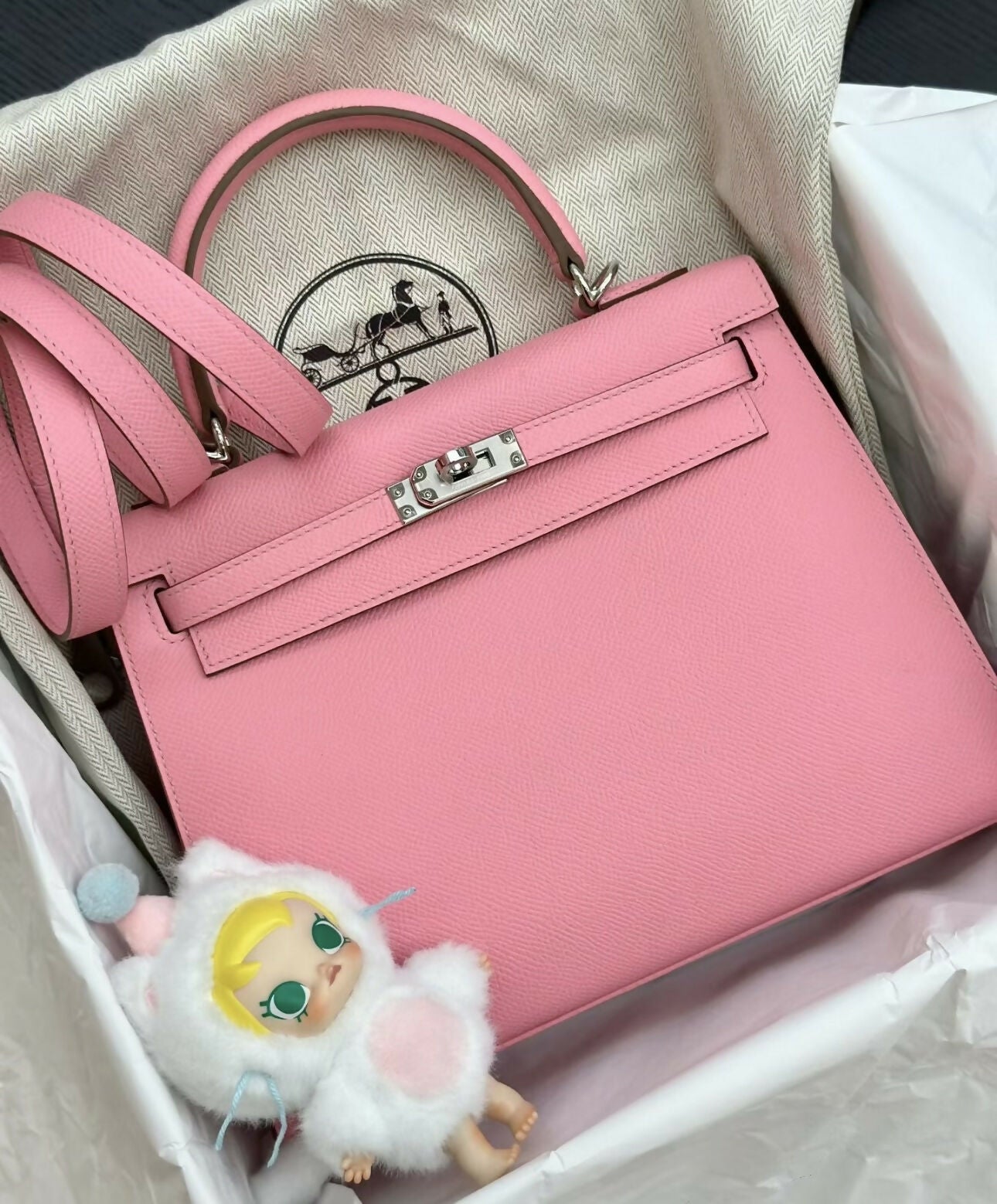 Hermès Kelly Sellier 25 Rose Confetti Epsom with Palladium Hardware