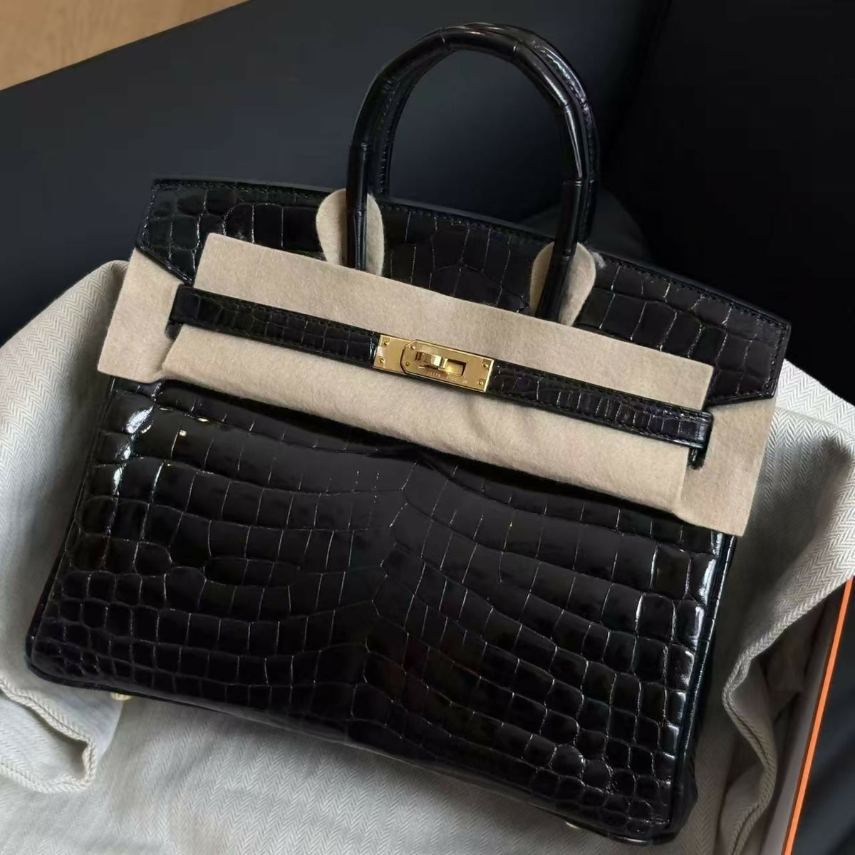Hermès Birkin 25 Noir / Black Shiny Niloticus Crocodile with Gold Hardware