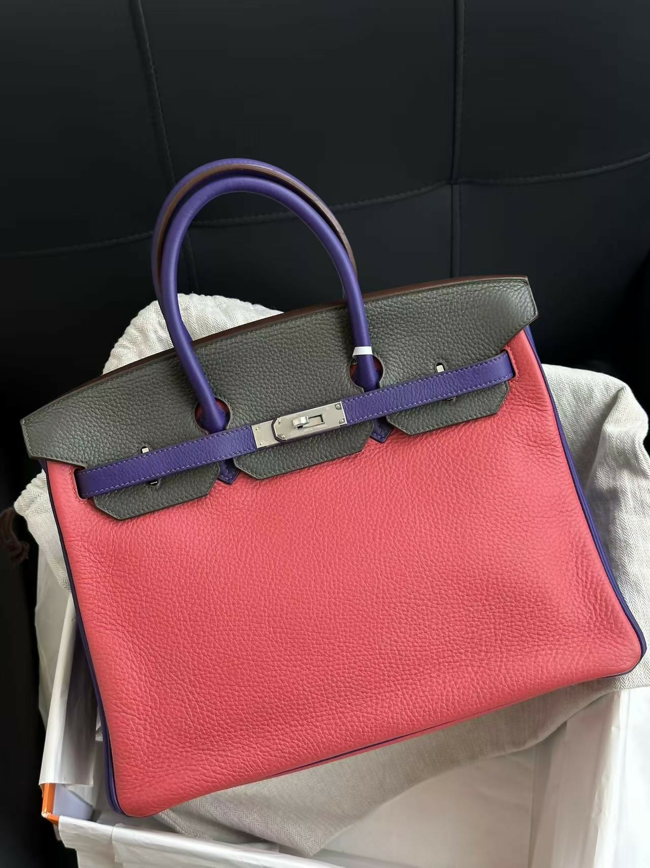 Hermès Birkin 35 Graphite / Iris / Rose Jaipur Tri-Color Special Order (HSS) Togo Leather with Palladium Hardware