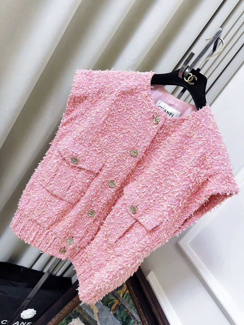 Chanel 21S Orange-Pink Crystal-Button Sleeveless Vest Jacket