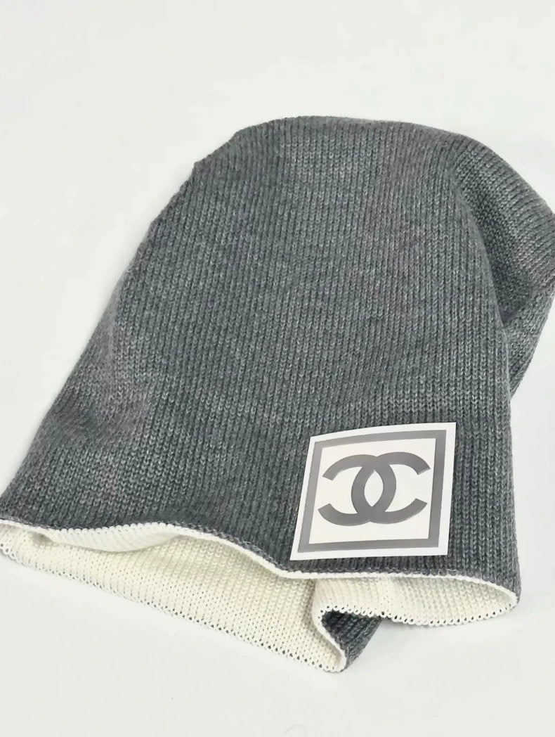 Vintage Chanel beanie with sporty square logo, two ways to wear it.
