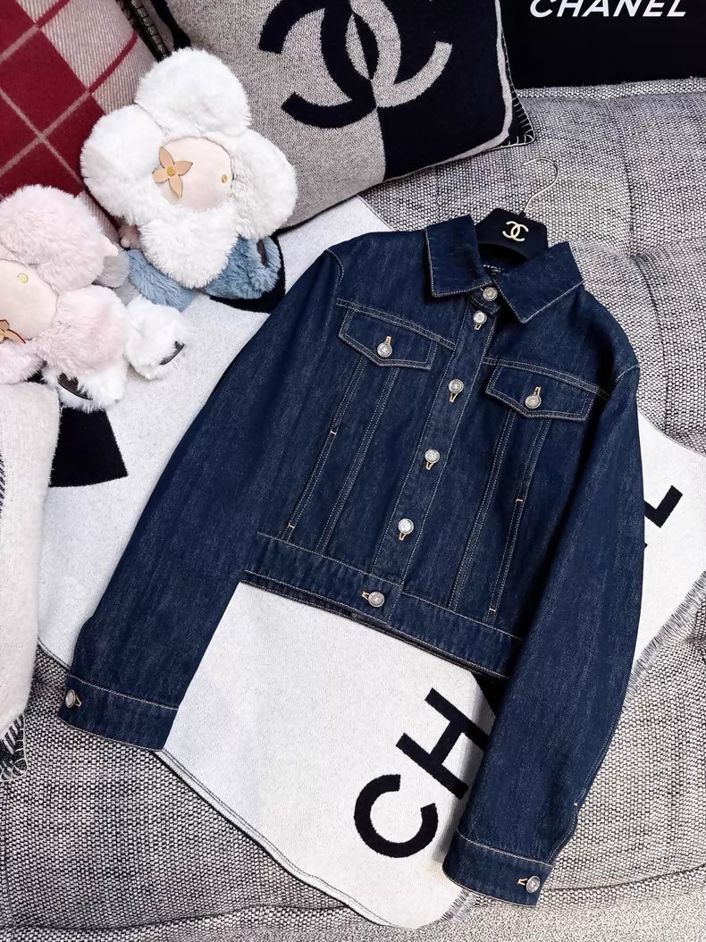 Chanel 25C navy blue denim jacket with silver buttons