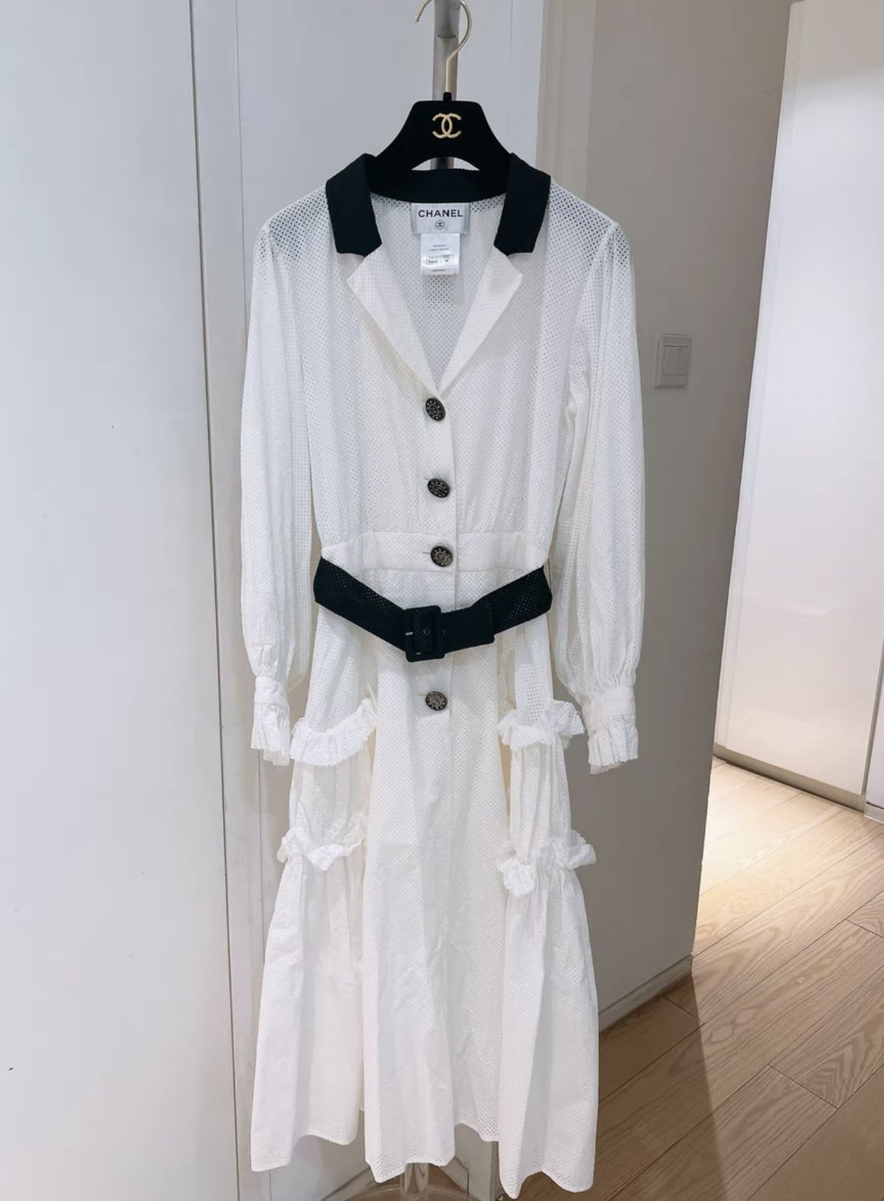 chanel shirt dress CHANEL white 2021 21C CAPRI LACE TRIM TWEED SHIRT Dress 42 L at 1stDibs