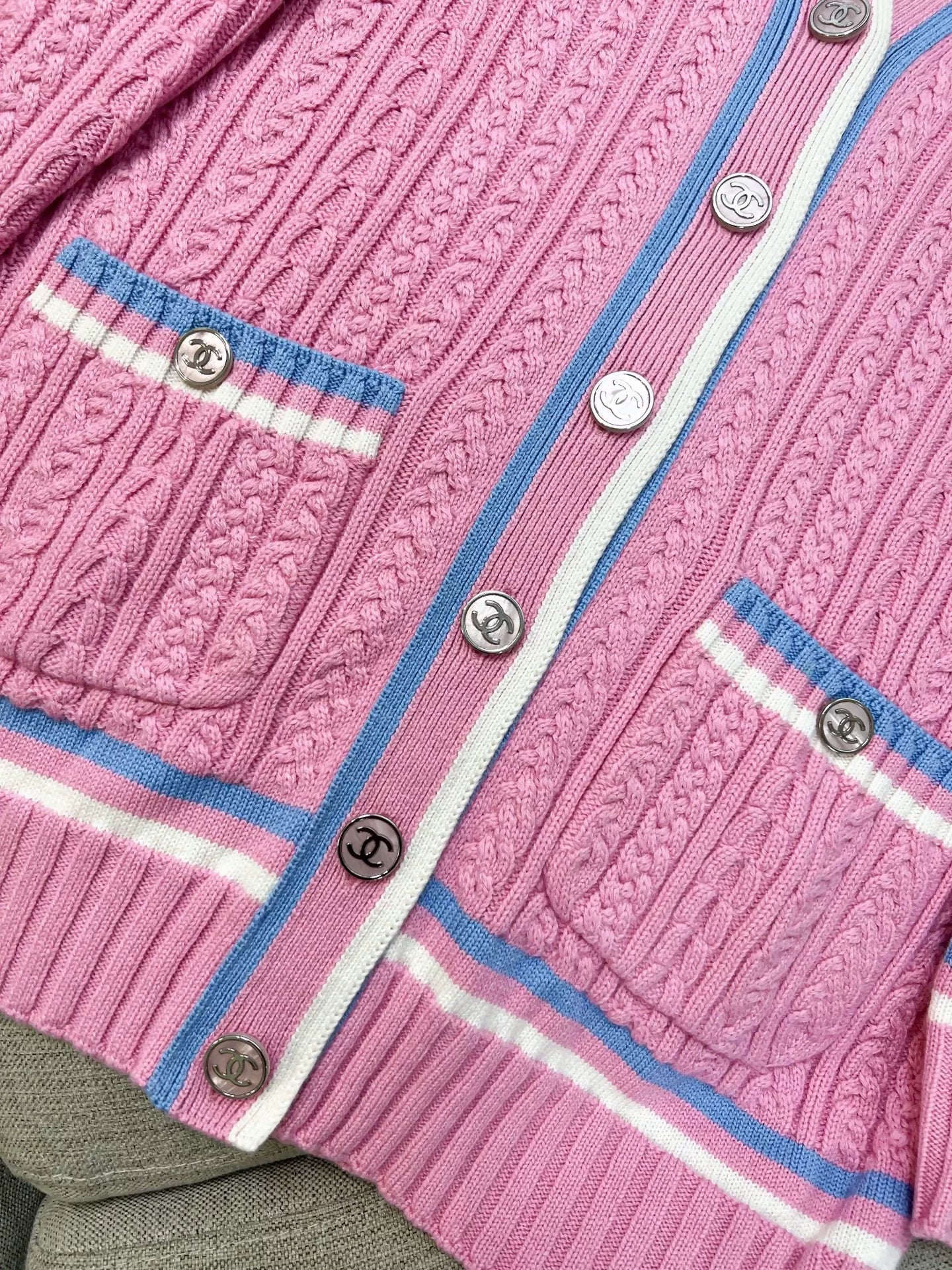Chanel 23P pink and blue/white long knit cardigan