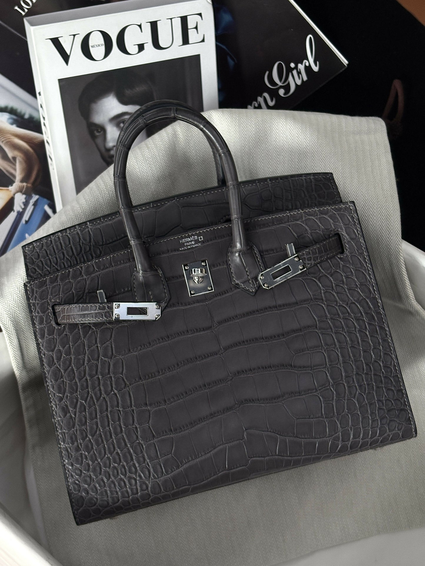 Hermès Birkin Sellier 25 Graphite Matte Mississippiensis Alligator with Palladium Hardware