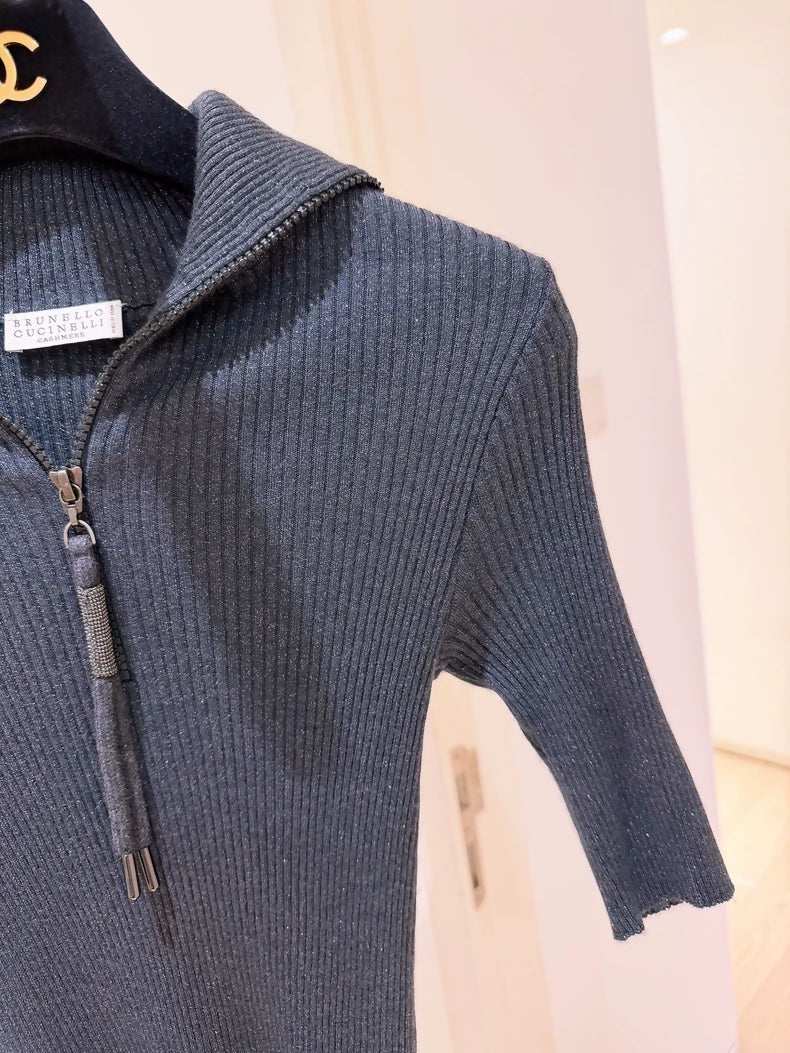 Brunello Cucinelli dark blue half-zip ultra-thin cashmere knit sweater