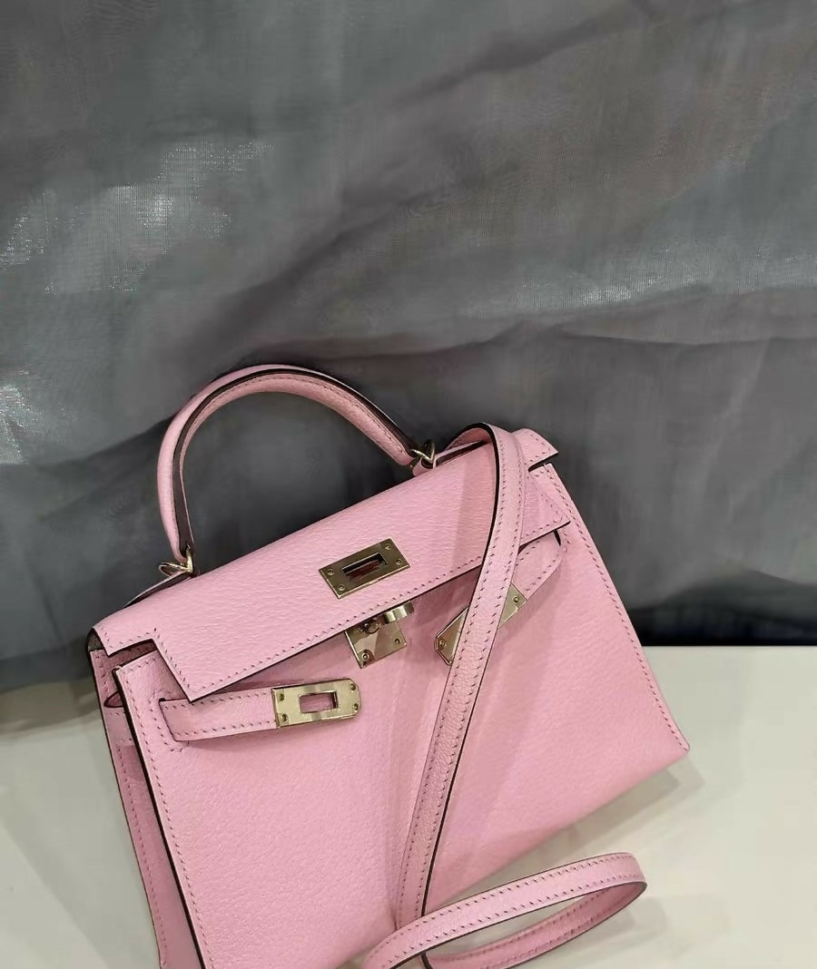 Hermès Special Order (HSS) Mini Kelly II (Kelly 20) Rose Sakura (3Q) with Gris Perle Interior Chevre Leather with Light Gold Hardware