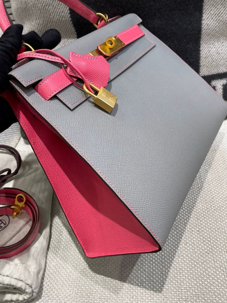 Hermes Kelly 28 Grey & Pink Epsom Leather with brushed gold hardware