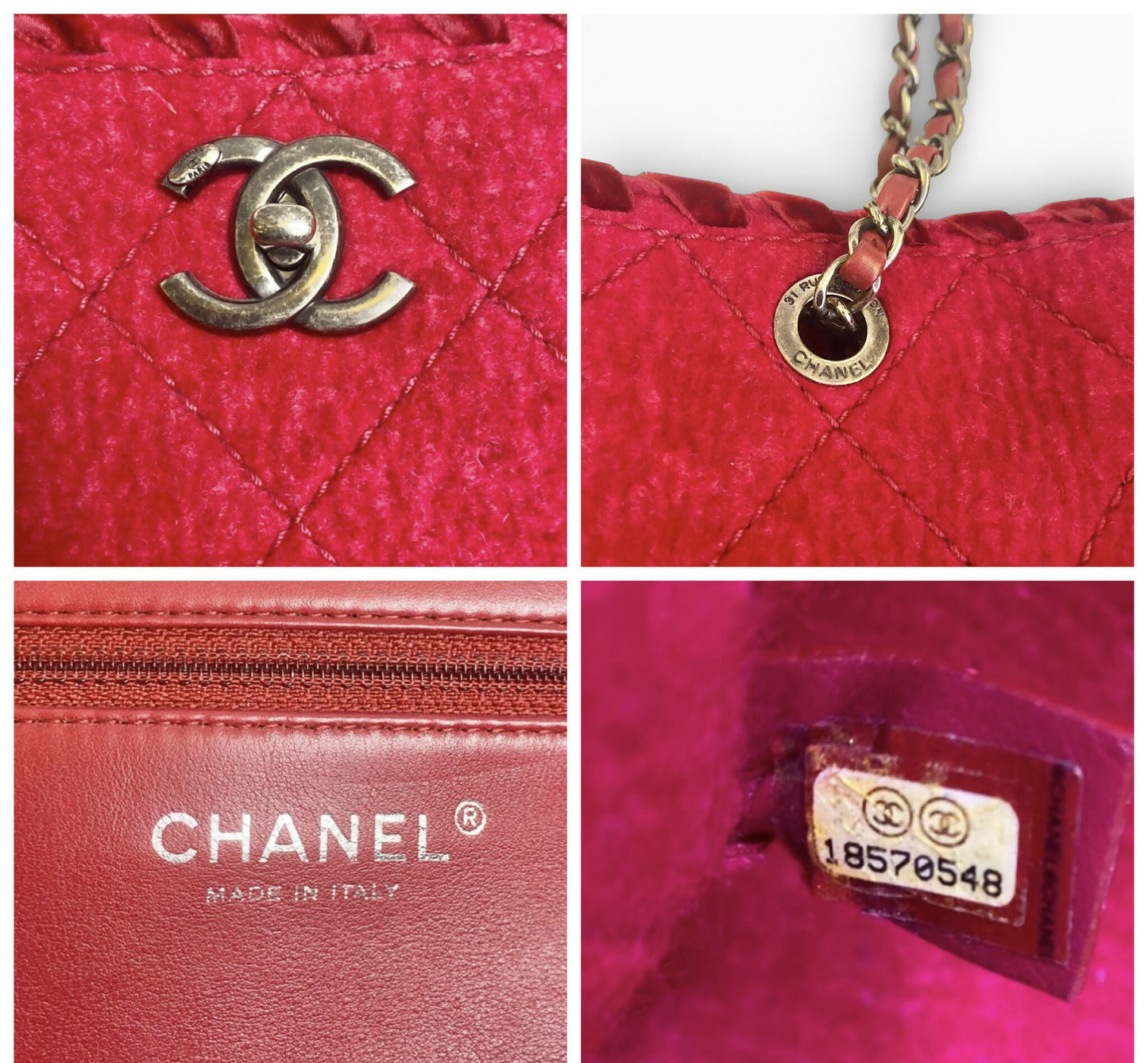 Chanel 13A Edinburgh Red Medium Felt Wool Quilted Timeless Shopping Tote Bag